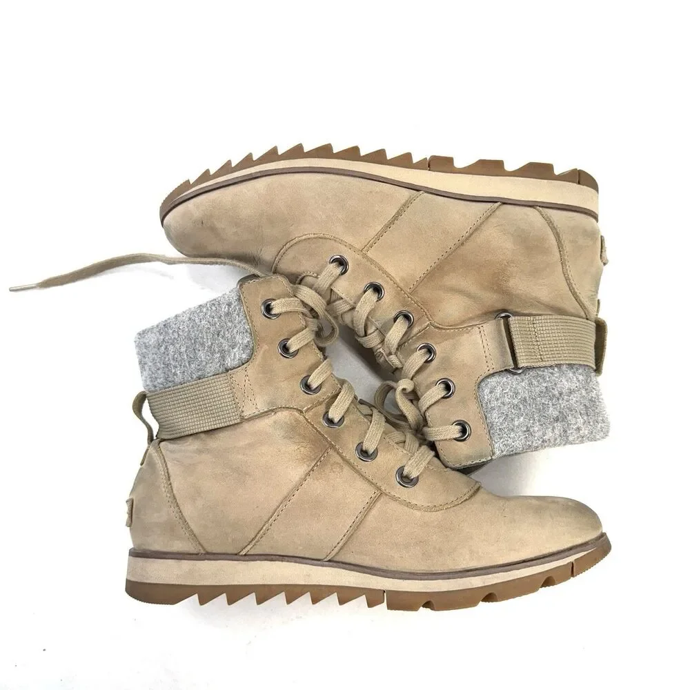 Womens Sorel Harlow Conquest Tan Leather WP Wedge Ankle Boots Size 9